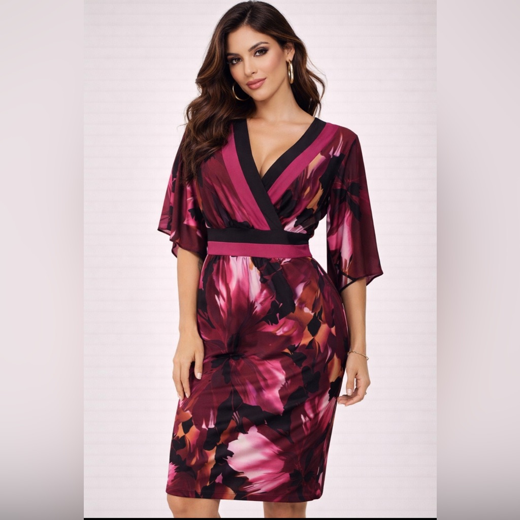 R & M Richards Dress 16 Pink Purple Red Black Short Sleeve Washable Career